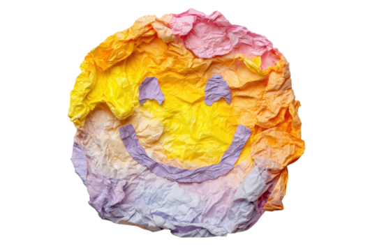 Colorful crumpled paper smiley face with multicolor gradient, cut out