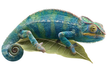 Fototapeta premium Vibrant green chameleon on leaf isolated on black background, cut out