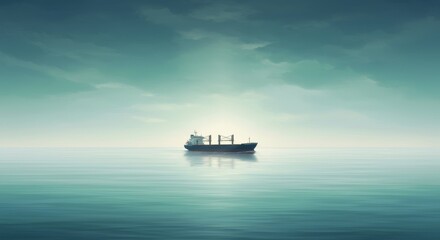 Obraz premium Tranquil Seascape: Ship at Dawn - A lone ship sails on calm ocean waters under a bright sky, symbolizing peace, journey, exploration, solitude, and hope