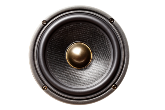 Close-up of high-quality audio speaker with metallic cone, cut out