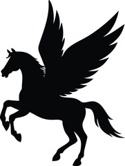 Fototapeta premium Winged pegasus silhouette rearing majestically with feathered wings against a plain white backdrop