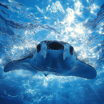 Close-up of a manta ray&rsquo;s underside as it glides through the water
