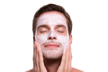 Young caucasian male with facial mask relaxing and skincare routine, cut out
