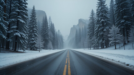 Snowstorm beginning in Yosemite National Park. Wet snowy road.