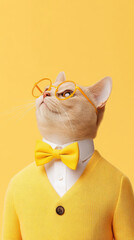 Obraz premium Stylish Cat in Yellow Attire with Glasses Looking Up Against Yellow Background