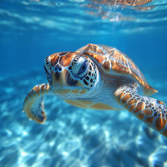 Fototapeta premium Close-up of a sea turtle swimming peacefully in crystal-clear water
