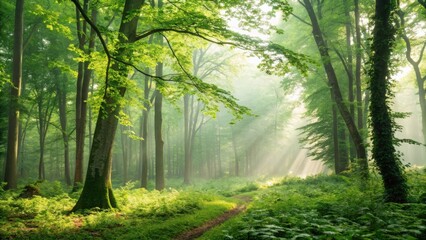 Obraz premium Beautiful green forest trees sunlight nature background image