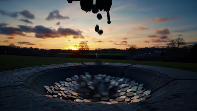 In a calm outdoor setting at sunset, coins are being dropped into a stone well, creating a beautiful visual of shimmering currency against a vibrant sky.