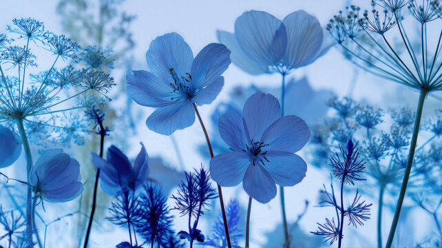 Ethereal Blue Botanicals on Light Background a high-tech concept illustration representing global communication, data flow, and digital connectivity in a modern networked world.