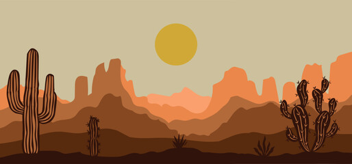 Desert landscape with cacti and mountains. Sunset in wild nature. Horizontal illustration in flat style. Terracotta tones, boho style..eps © AZOGUE.art
