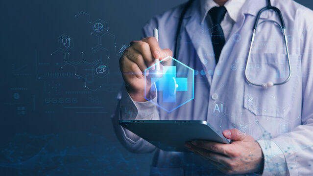Smart healthcare concept with doctor and digital interface. Great for medical technology, AI, online consultation, data health, and futuristic healthcare visuals. Digital transformation innovation