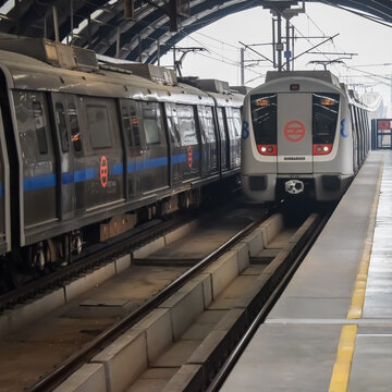 New Delhi, India, August 12 2024 - Delhi Metro train arriving at Jhandewalan metro station in New Delhi, India, Asia, Public Metro departing from Jhandewalan station