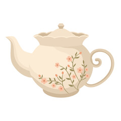 Vintage Floral Ceramic Illustration. Handcrafted Pottery Teapot Illustration