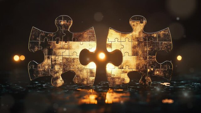 Celebrates business partnerships in the form of two matching puzzle pieces in a sophisticated mood and lighting