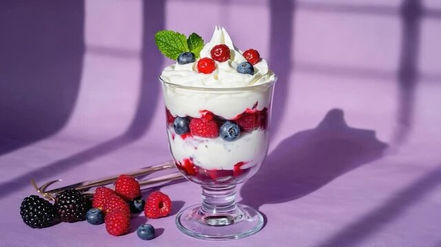 Delicious berry parfait with whipped cream and mint on purple background