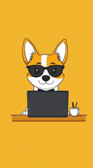 Cute dog wearing sunglasses working on a laptop.  It's sitting at a desk with a cup of coffee
