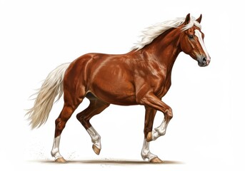 Obraz premium Chestnut Horse Galloping Dynamic Pose White Mane Tail Elegant Animal Artwork Run Wild Speed Power