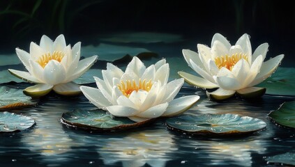 Three white water lilies on a dark pond