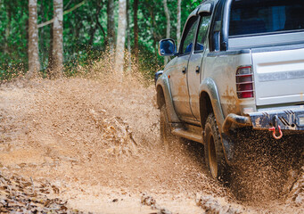  Offroad car. 4x4 off-road suv car stuck in mud. Adventure travel concept background.