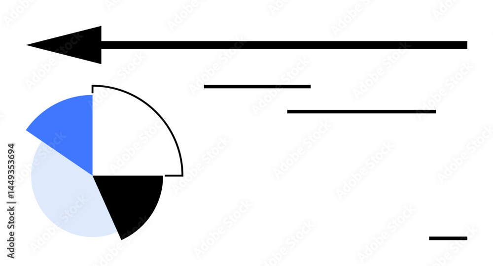 Poster pie chart with segmented sections and bold blue accent, paired with a long arrow symbolizing progres
