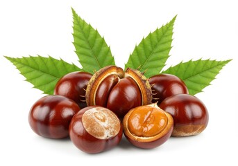 Fresh Horse Chestnuts with Green Leaves Autumn Nature Food Fall Seed Tree Life Brown Plant White