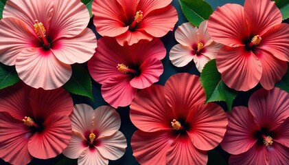 Bold hibiscus blooms arranged in a square tessellation , bold, design