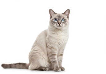 Beautiful Cream Cat Sitting Studio Shot Elegant Pet Animal Fluffy Fur Blue Eyes White Background