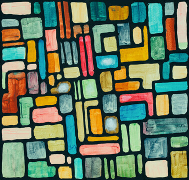 painting with irregular grid on a black background.