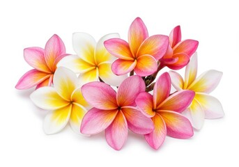 Naklejka premium Beautiful Plumeria Flowers Pink White Yellow Tropical Blossom Spa Image Fresh Exotic Floral Nature