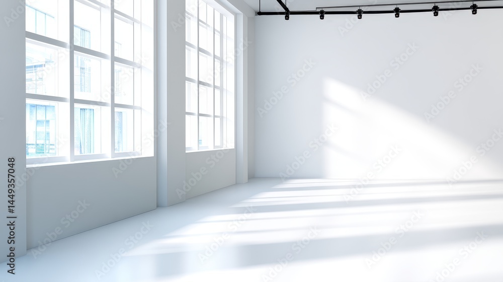 Poster bright, minimalistic interior of an empty room with large windows casting shadows