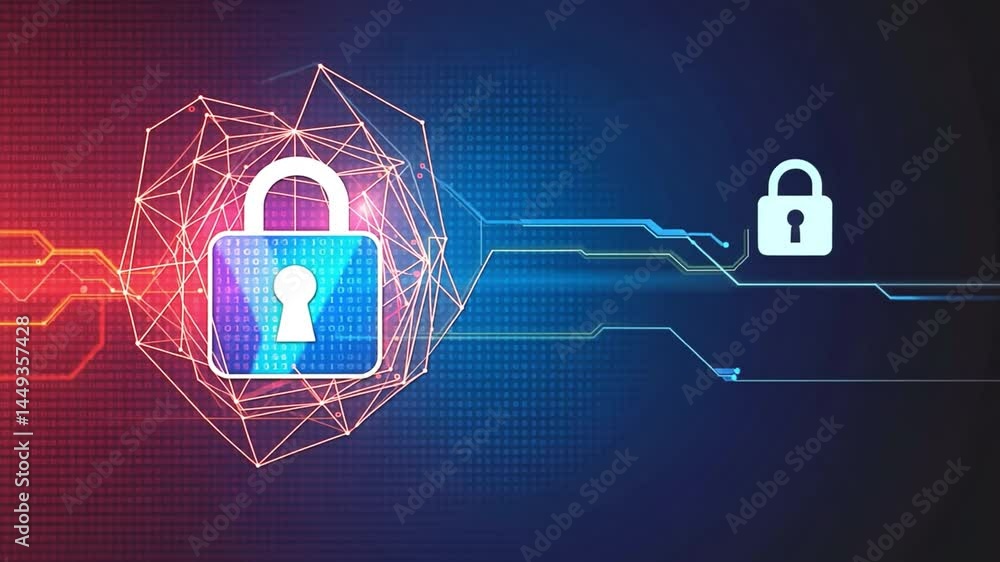 Poster digital illustration of padlock symbolizing cybersecurity with network of lines and binary code, con