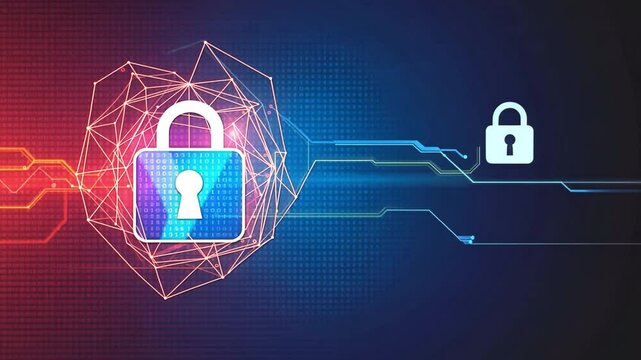 Digital Illustration of Padlock Symbolizing Cybersecurity with Network of Lines and Binary Code, Conveying Protection, Technology, and Data Security.