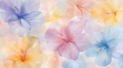 Soft pastel watercolor background of hibiscus flowers in various shades of peach, pink, lavender, yellow, orange and blue. Abstract floral background.