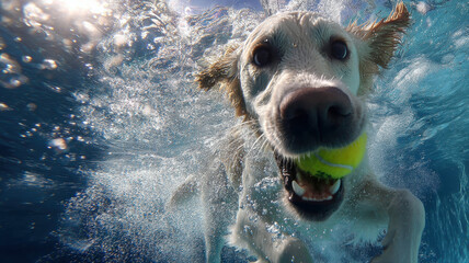 Labrador Underwater with Ball in Mouth a high-tech concept illustration representing global communication, data flow, and digital connectivity in a modern networked world.