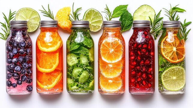 Infused water in glass bottles with fruit and herbs