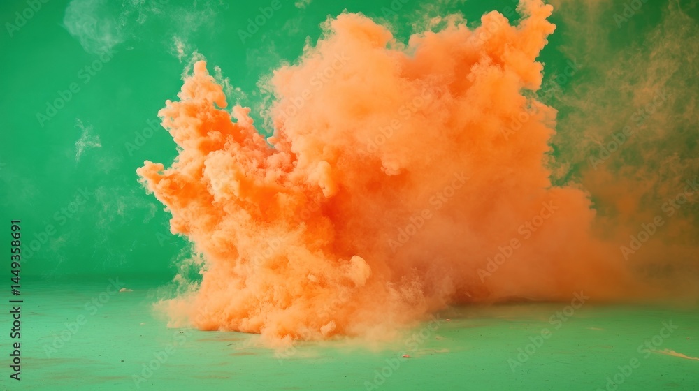 Poster abstract orange cloud explosion on green background: a vibrant and dynamic image showcasing a burst 