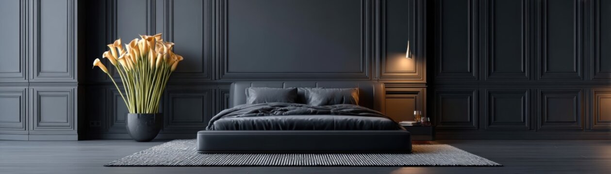 Dark moody bedroom with black bed, dramatic lighting, large calla lily arrangement - romantice nocturnal cozy serene moody