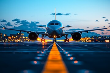 Jetliner on runway at twilight