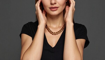 Fototapeta premium ダークグレーの背景でシンプルに決まった白人女性。黒のVネックトップスとゴールドネックレスが彼女の上品で洗練されたスタイルを際立たせる。
