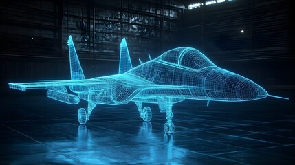 A digital wireframe hologram of a fighter jet on a dark tarmac, glowing blue with detailed lines, showcasing modern