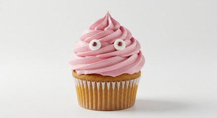 Pink Cupcake with Eyes Stands Out on White Background for Sweet Treat Concept