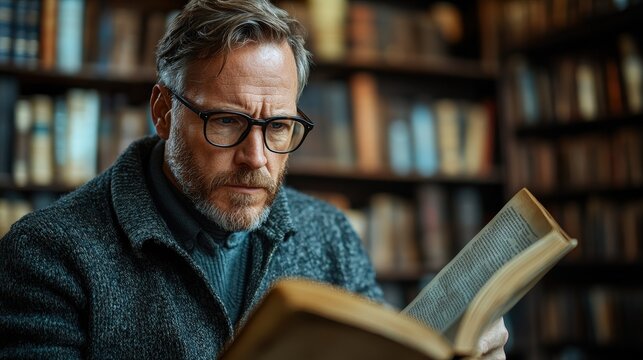 Concentrated scholar engrossed in ancient book within a library.