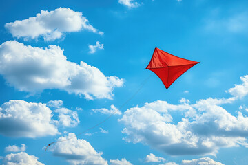 Red diamond kite soaring in a partly cloudy blue sky