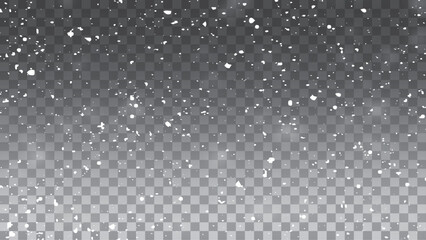 Falling snow particles blurred in motion on dark transparent background. Christmas snow dust. Vector illustration.