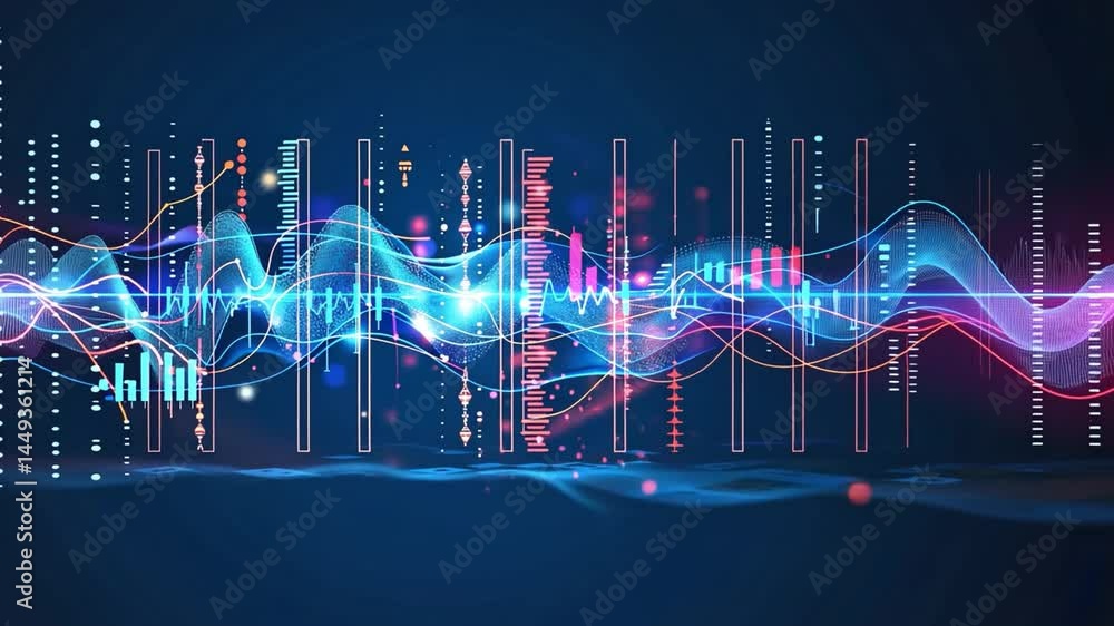 Poster vibrant digital sound wave visualization colorful audio frequencies and data analysis showcasing tec