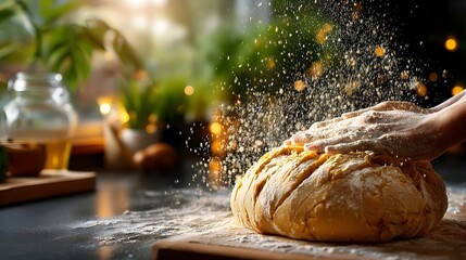 Woman skillfully spreading flour onto dough while kneading in a captivating cooking scene