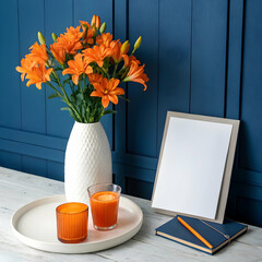 Home decore with vibrant  orange flowers on dark blue background