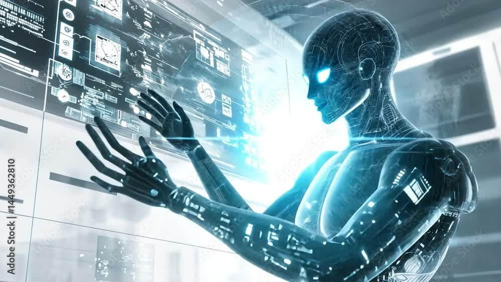 Poster cybernetic visionary: a futuristic android interacts with advanced holographic interface, bathed in 