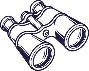 Minimalist binoculars technical drawing. Black and white binoculars sketch. Classic optics line illustration.
