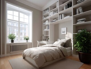 Fototapeta premium Small bedroom with clever storage solutions, built-in shelves and a compact desk - interior innovative tidy efficient decor